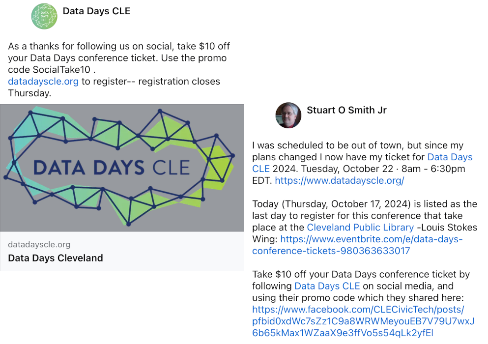 It is great that Data Days CLE 2024 organizers offer discounts to their social media followers. I recommend following Data Days CLE 2024 on their social media acounts to learn about future events.