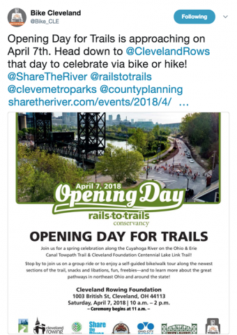 Bike Cleveland's Tweet - Opening Day for Trails Cleveland