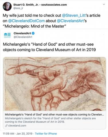 I learned from Steven Litt about Michelangelo's "Hand of God" coming to Cleveland!