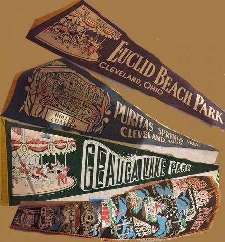 Amusement park pennants displayed at the Dennison Railroad Depot Museum