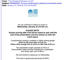 Invitation to the Cleveland Museum of Art's "Exclusive Event"